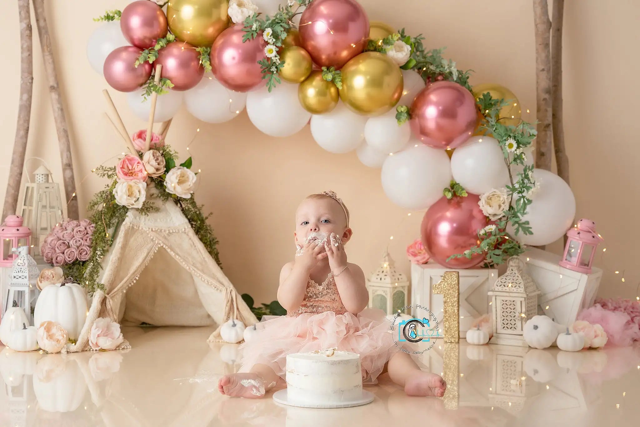 Teepee Pink and Gold Backdrop Kids Baby Cake Smash Photography Props Boho Tent Balloons Birthday Studio Backgrounds