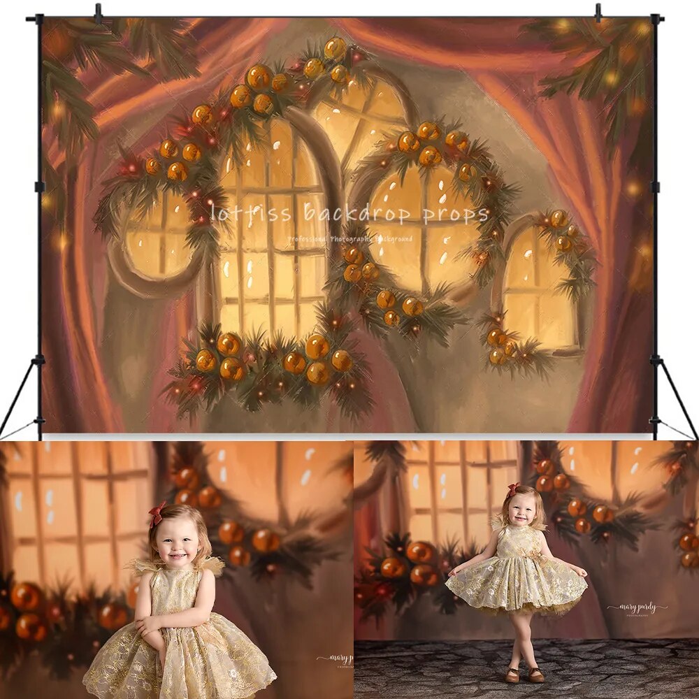 Xmas Winter House Front Photgraphy Backdrops Kids Girl Portrait Props WIndows Christmas Fruitful Winter Room Background