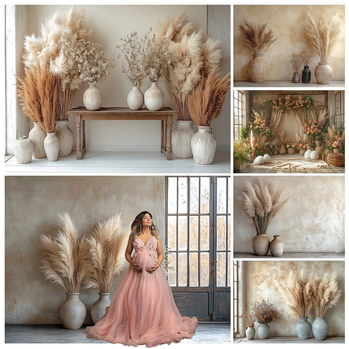 Bohemia Room Backdrops Pregnant Baby Photocall Child Photo Reed Flower Props Woman Photocall Backgrounds