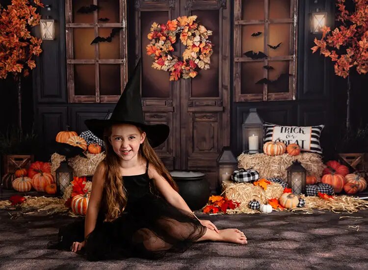 Halloween Porch Backdrops Kids Photography Fall Adult Baby Birthday Cake Smash Pumpkin Lantern Witch Bat Festival Background