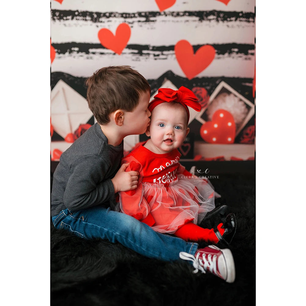 Red Curtain Photo Background Heart Rose Flower Stripes Decoration Photography Backdrop Cloth Kids Portrait Photo Studio Props