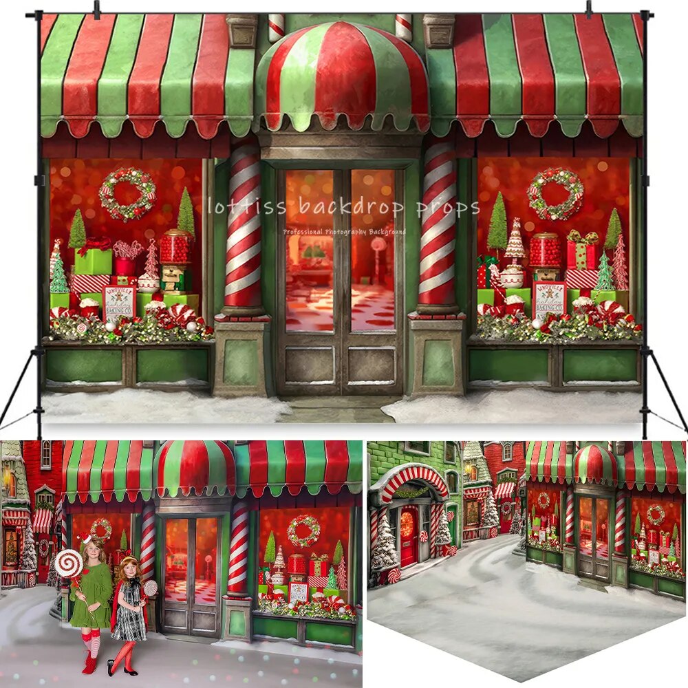 Whoville magasin de noël Mini chambre toile de fond enfants Portrait photographie accessoires adulte enfant noël neige bonbons maison avant fond 