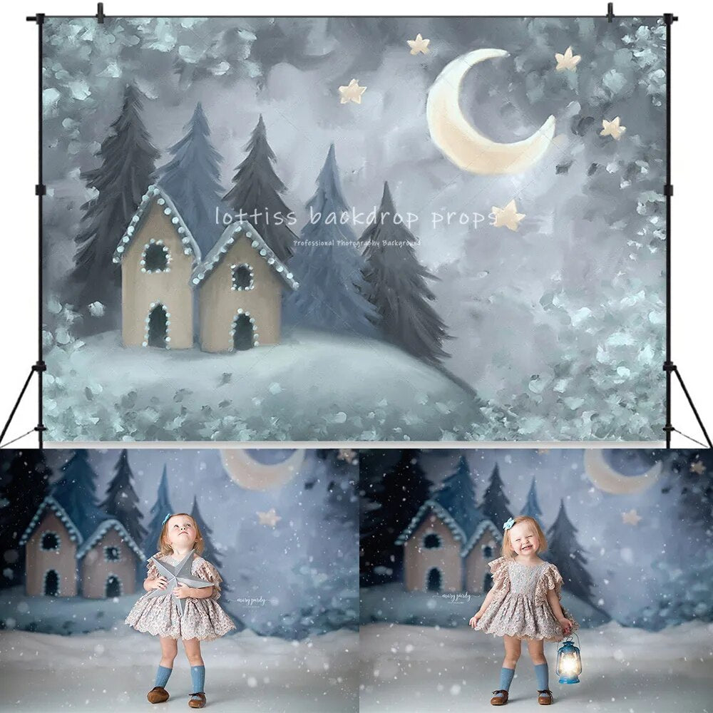 Winter Snowy Night Backdrops Kids Adult Photography Child Family Photocall Props Snowflake House Photo Decor For Photostudio