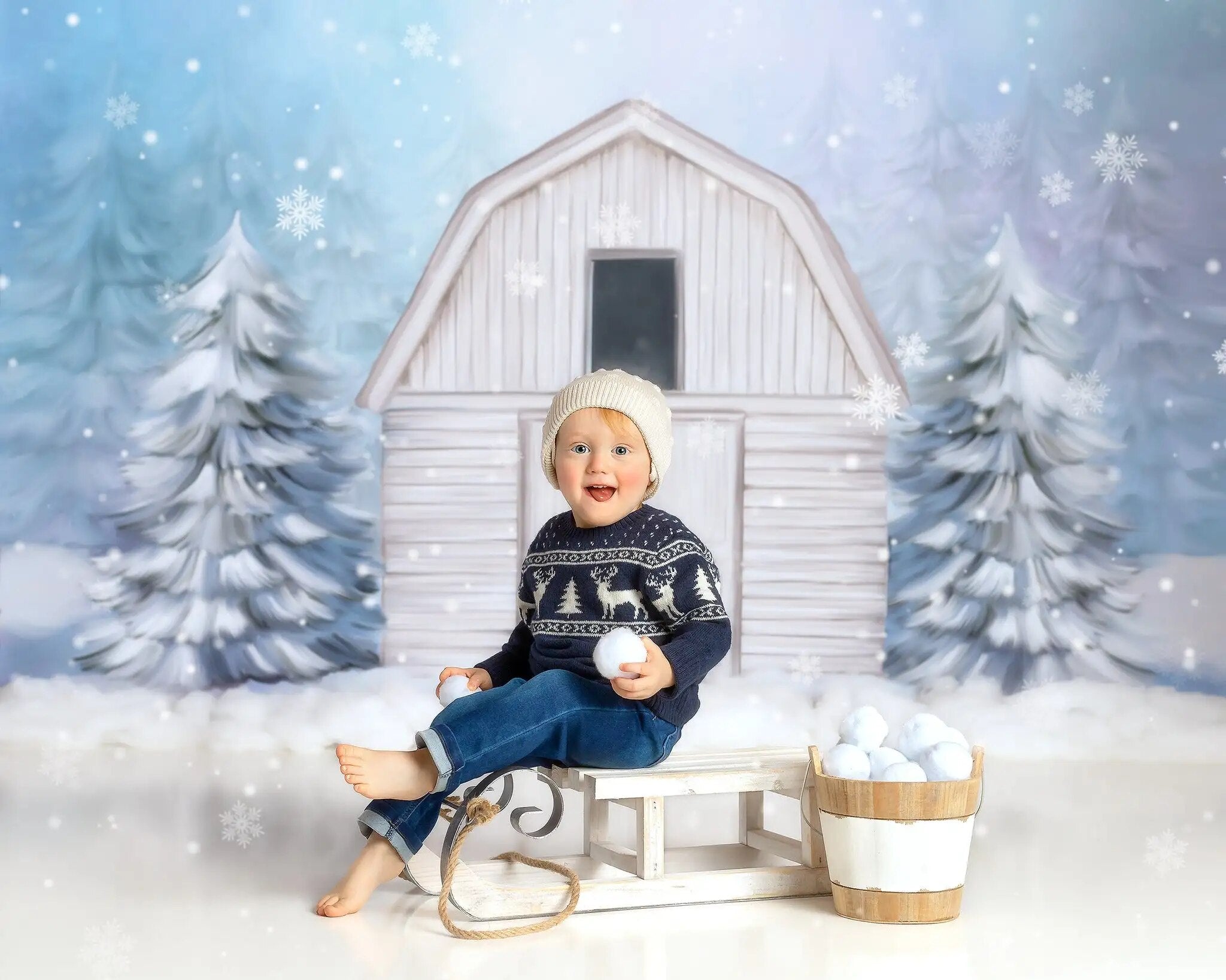 White Snowy Barn Backdrops Kids Child Portrait Photography Adult Baby Photocall Props Xmas Trees Snow House Front Background