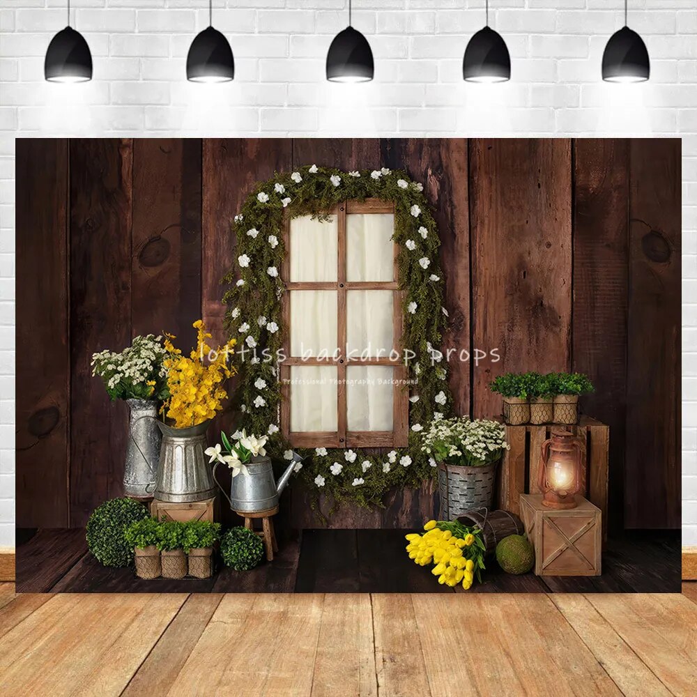 Spring View Window Backdrops Kids Baby Cake Smash Birthday Photocall Props Girl Children Floral Wooden Wall Decor Background