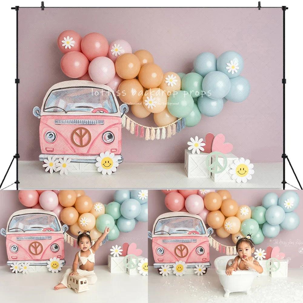 Too Groovy Cute Car Backdrops Kids Baby Birthday Cake Smash Props Child Adult Photography Decors Vintage Bus Photo Background