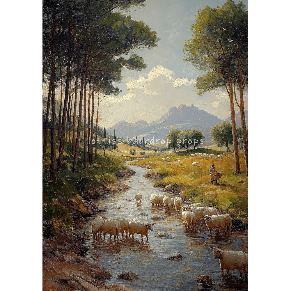 Countryside River Cottage Vintage Scenery Oil Painting Photography Backdrops Kids Adult Photocall Sunset Village Backgrounds