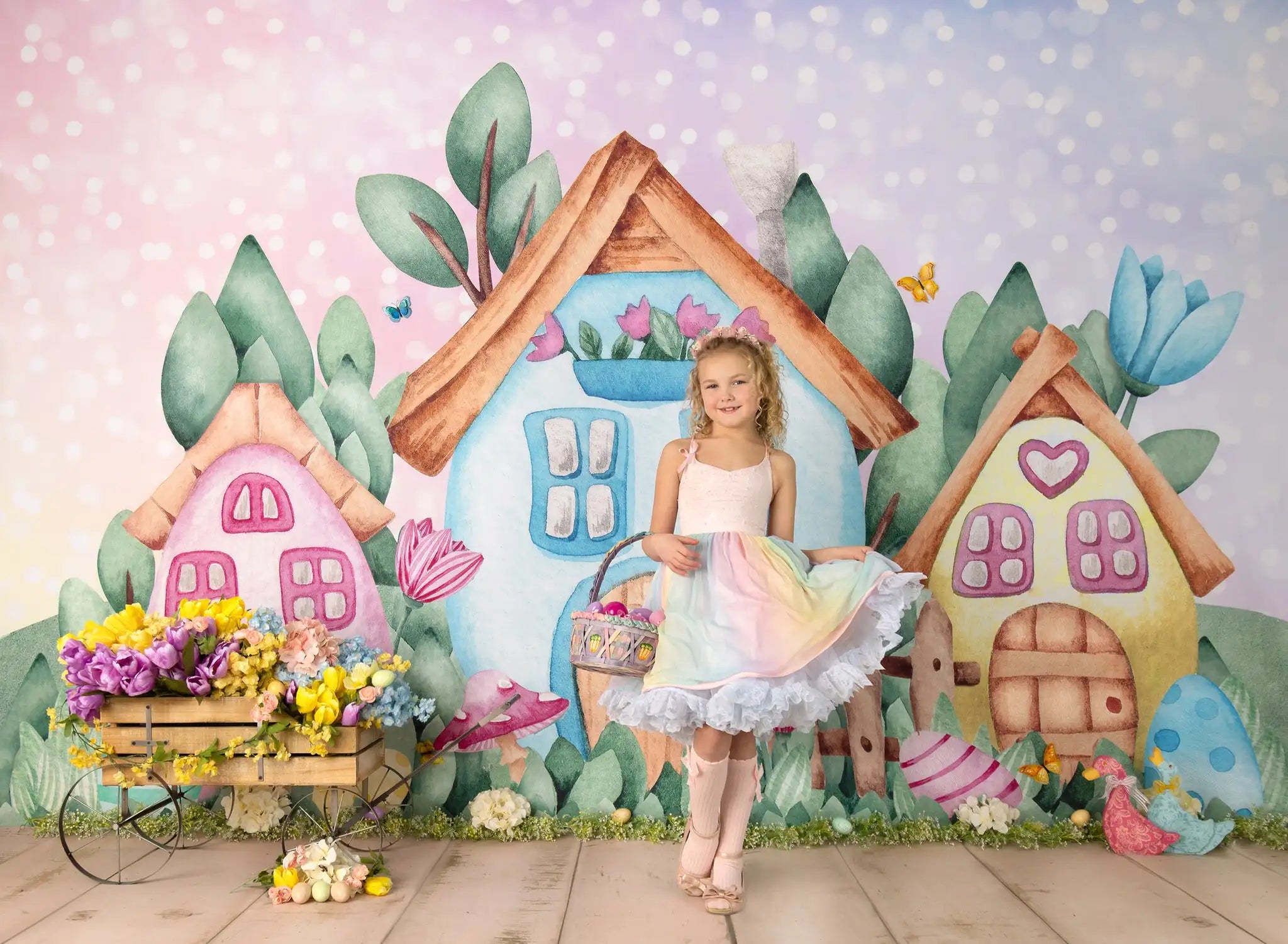 Bunny Village Backdrops Kids Girl Birthday Cake Smash Photography Props Child Baby Photocall Floral House Backgrounds