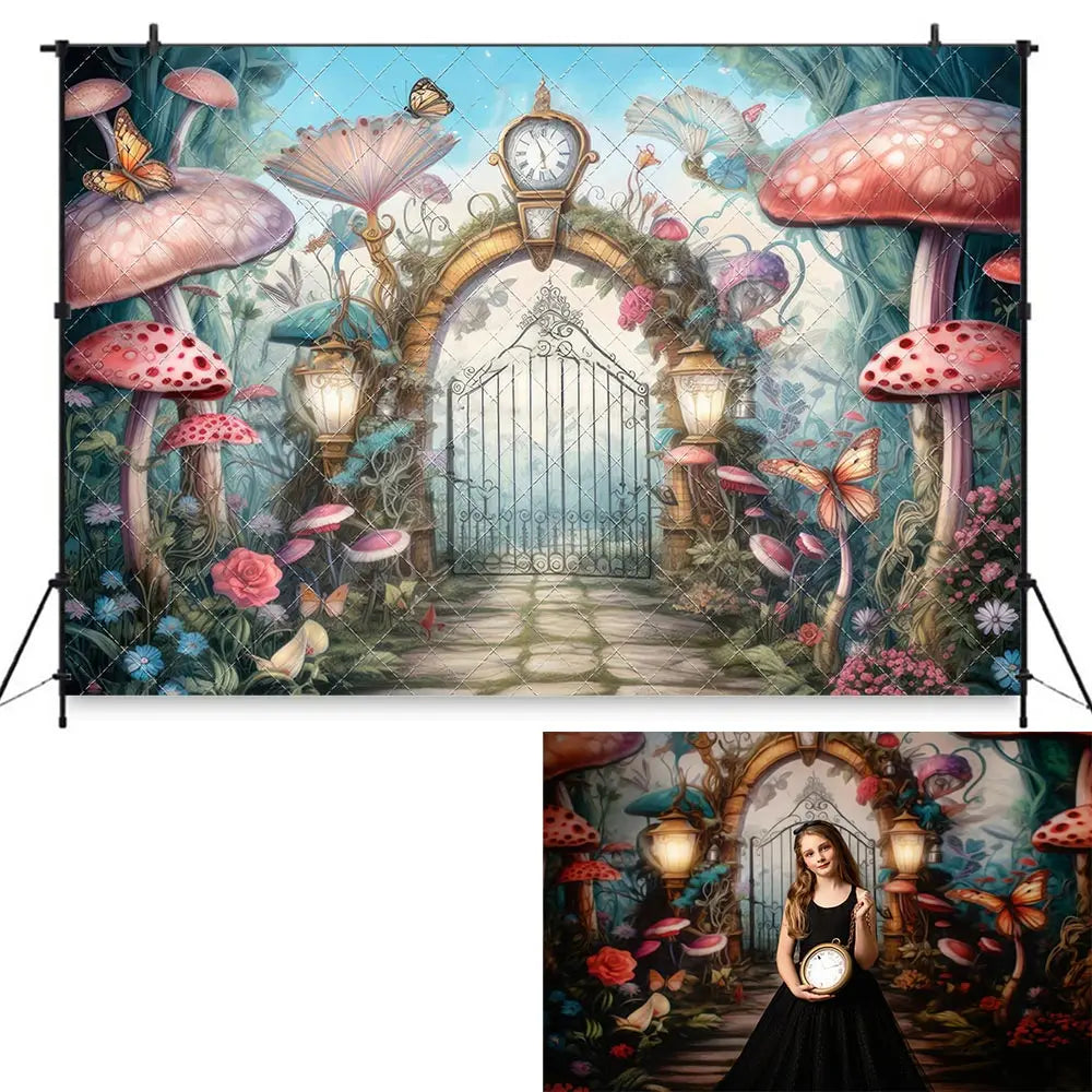 Wonderland Gates Backdrop Mushroom Stone Roads Child Adult Birthday Photo Shoot Background Kids Baby Cake Smash Photography Prop