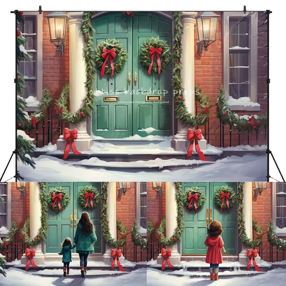 Christmas Snowy House Front Backdrops Kids Adult Photography Props Child Baby Photocall Decors Snowflake Barn Door Background