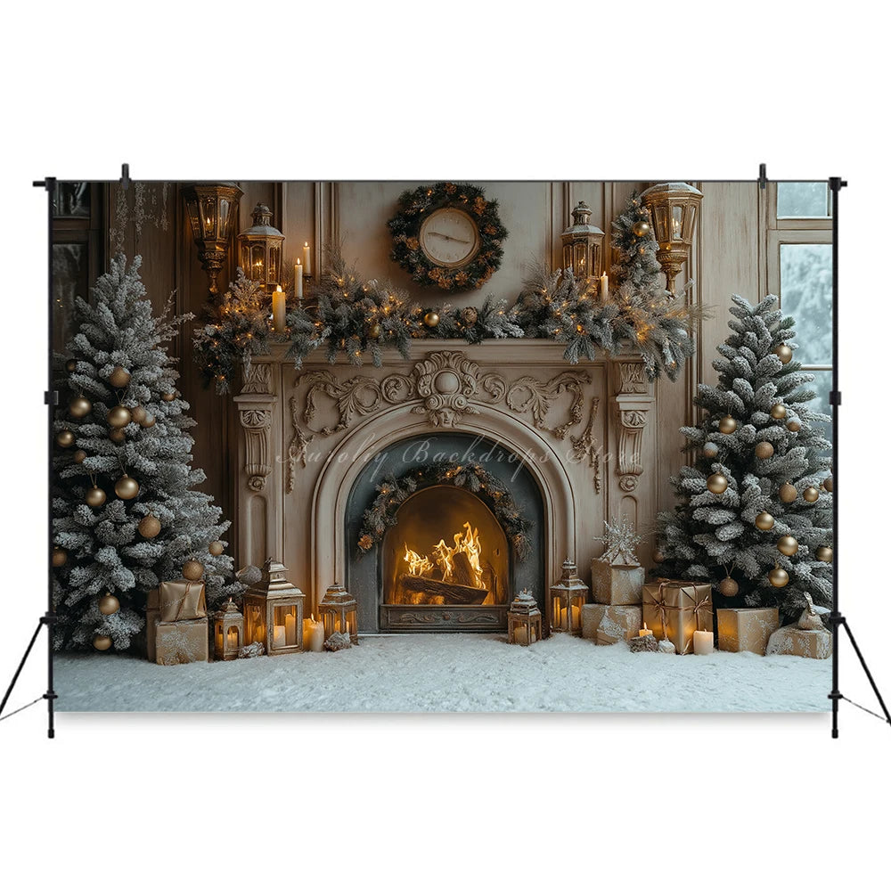 Christmas Backdrop with Fireplace and Xmas Trees Child Baby Birthday Cake Smash Photography Decor Girls Adult Studio Backgrounds