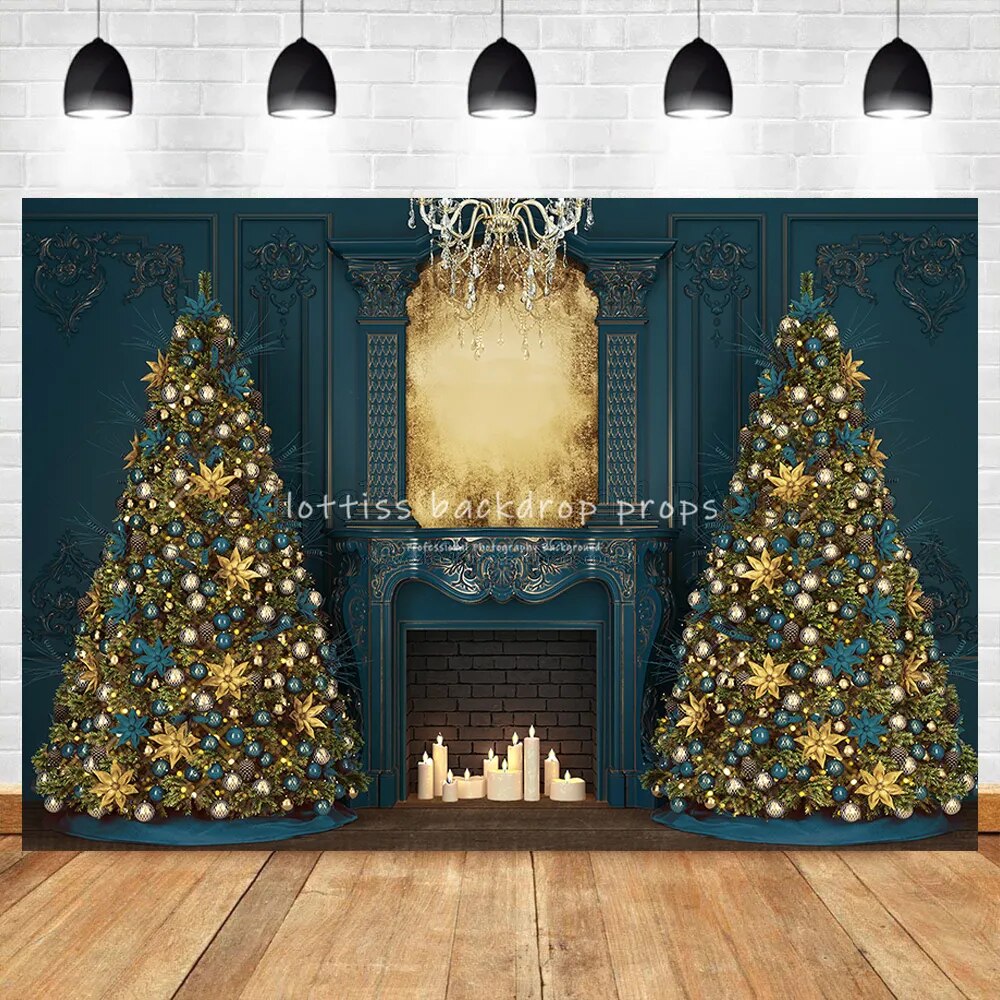 Retro Gorgeous Xmas Fireplace Backdrops Adult Children Portrait Wooden Floor Christmas Trees Background Baby Girl Photostudio