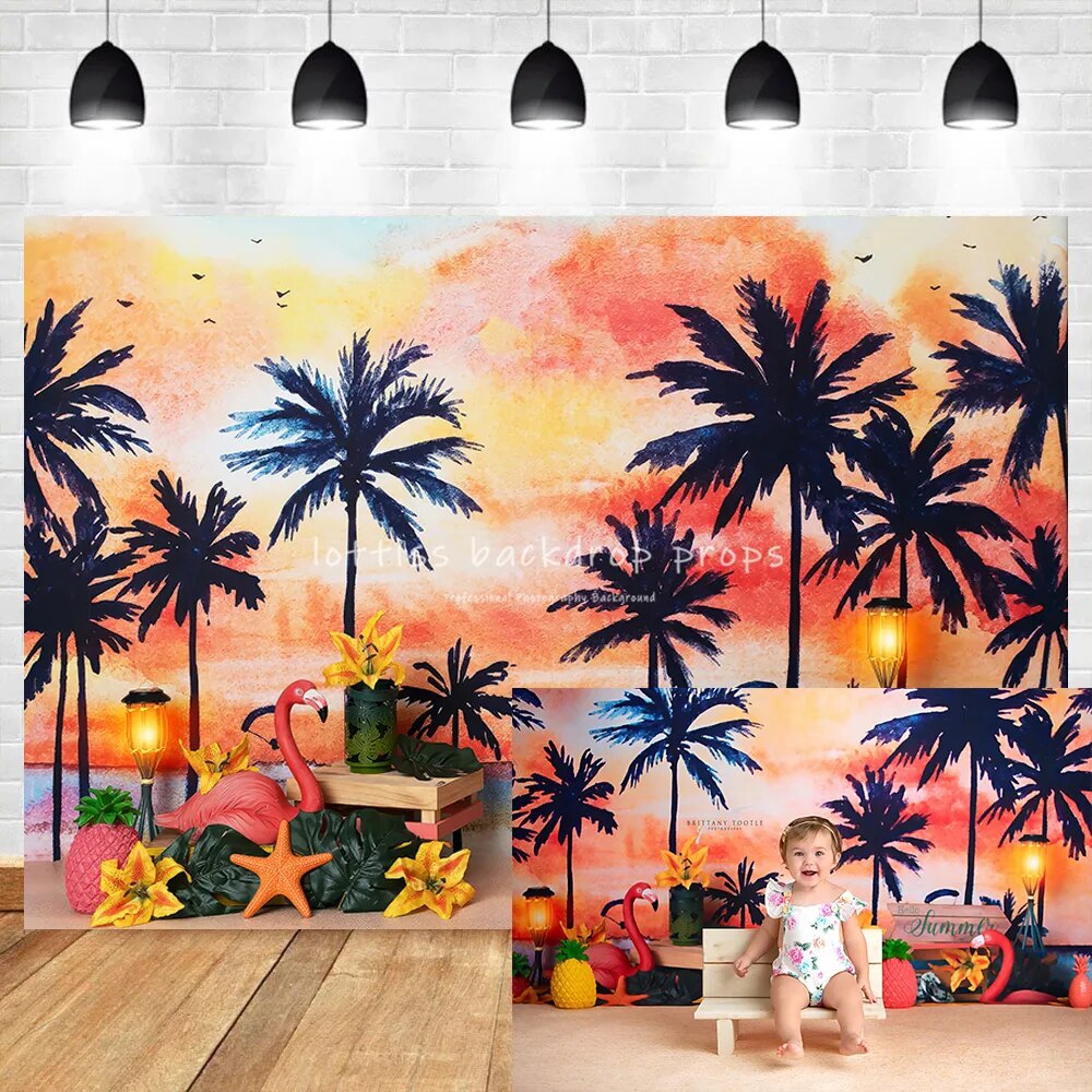 Summer Sunset Beach Backdrops Kids Baby Cake Smash Birthday Props Girl Children Palm Tree Flamingo Starfish Decor Background