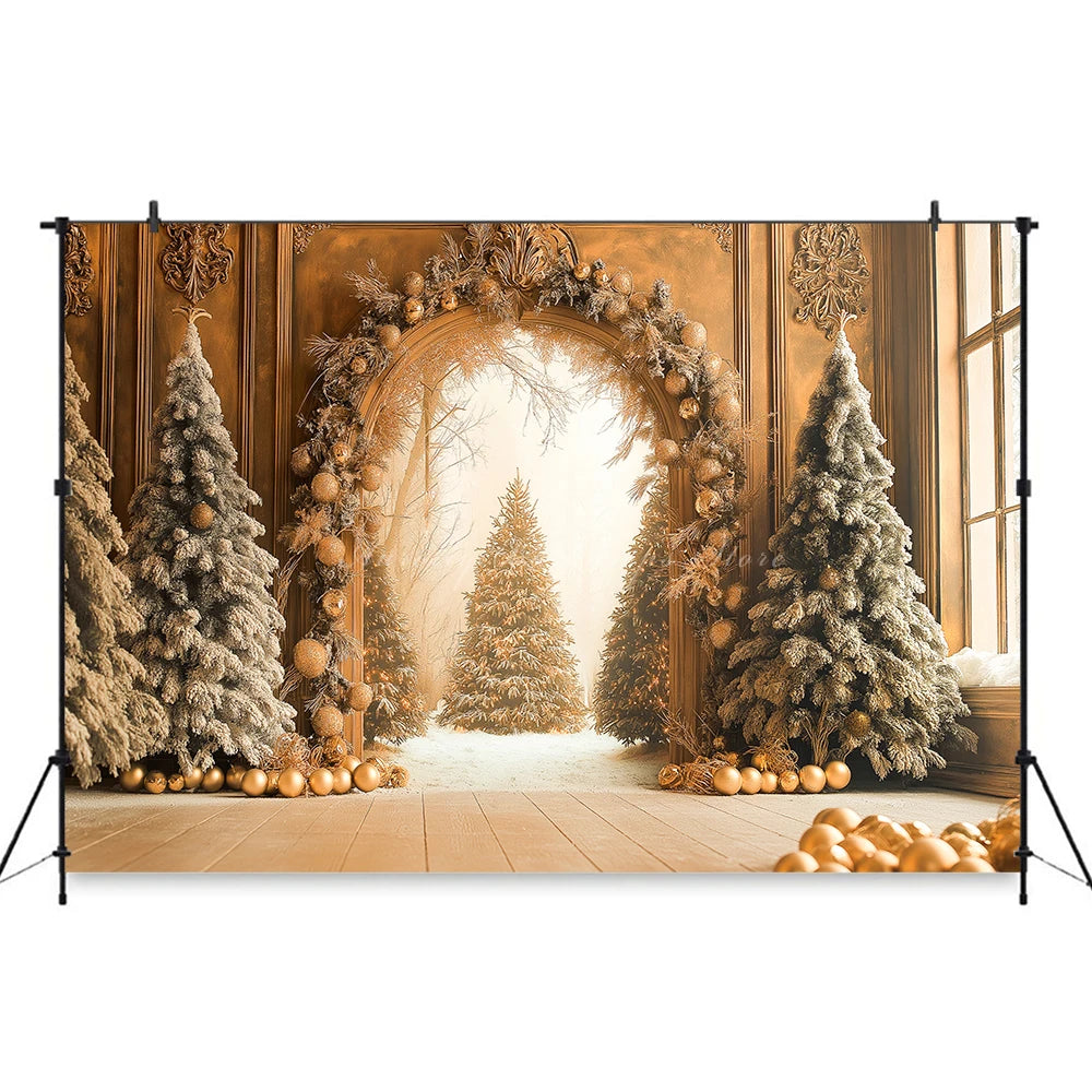 Christmas Arched Window with Xmas Tree Backdrop White Room Fireplace Baby Kids Portrait Family Party Photocall Photograhy Decors