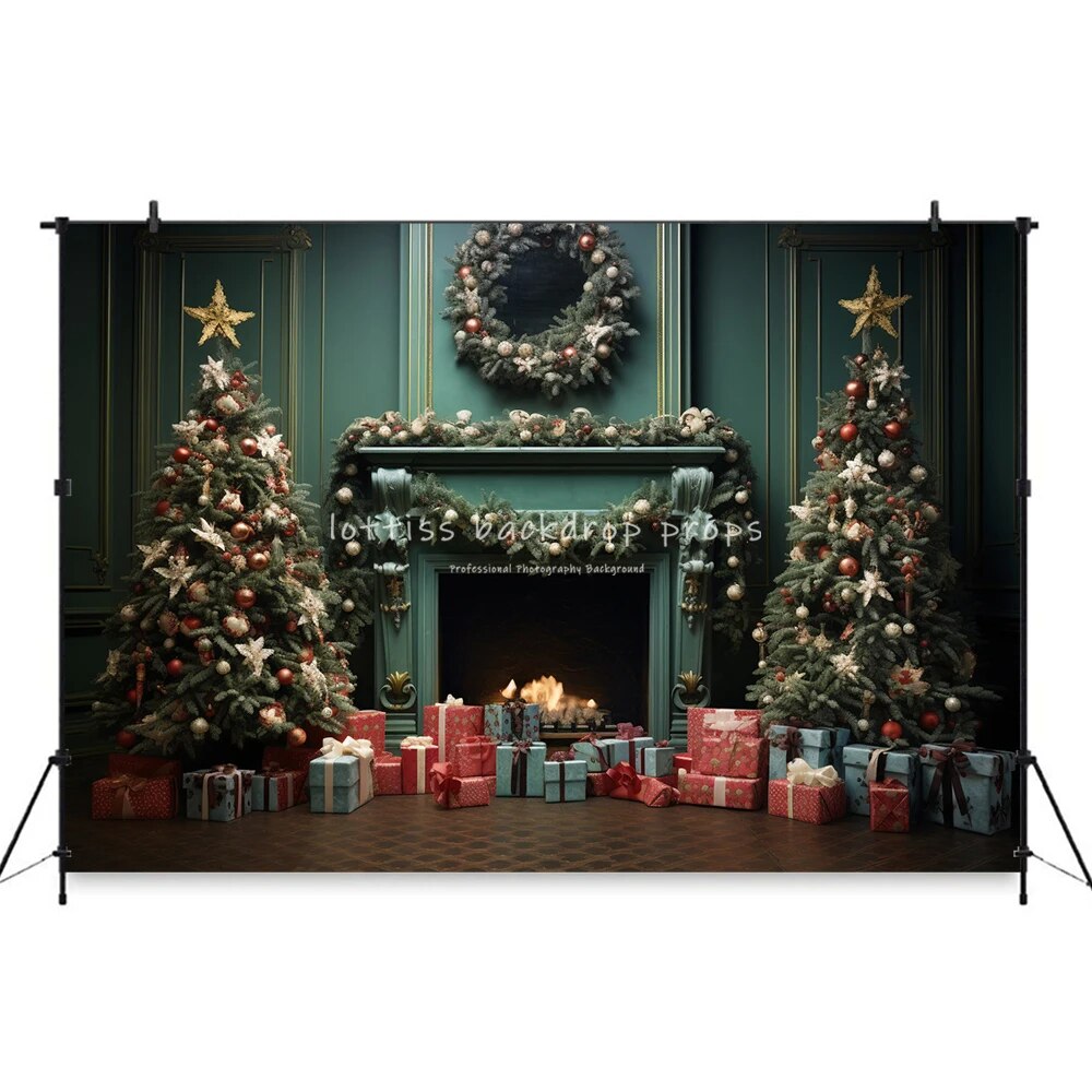 Christmas Fireplace Backdrops Kids Adult Photography Props Child Baby Photocall Decors Xmas Trees Gifts Box Festival Background