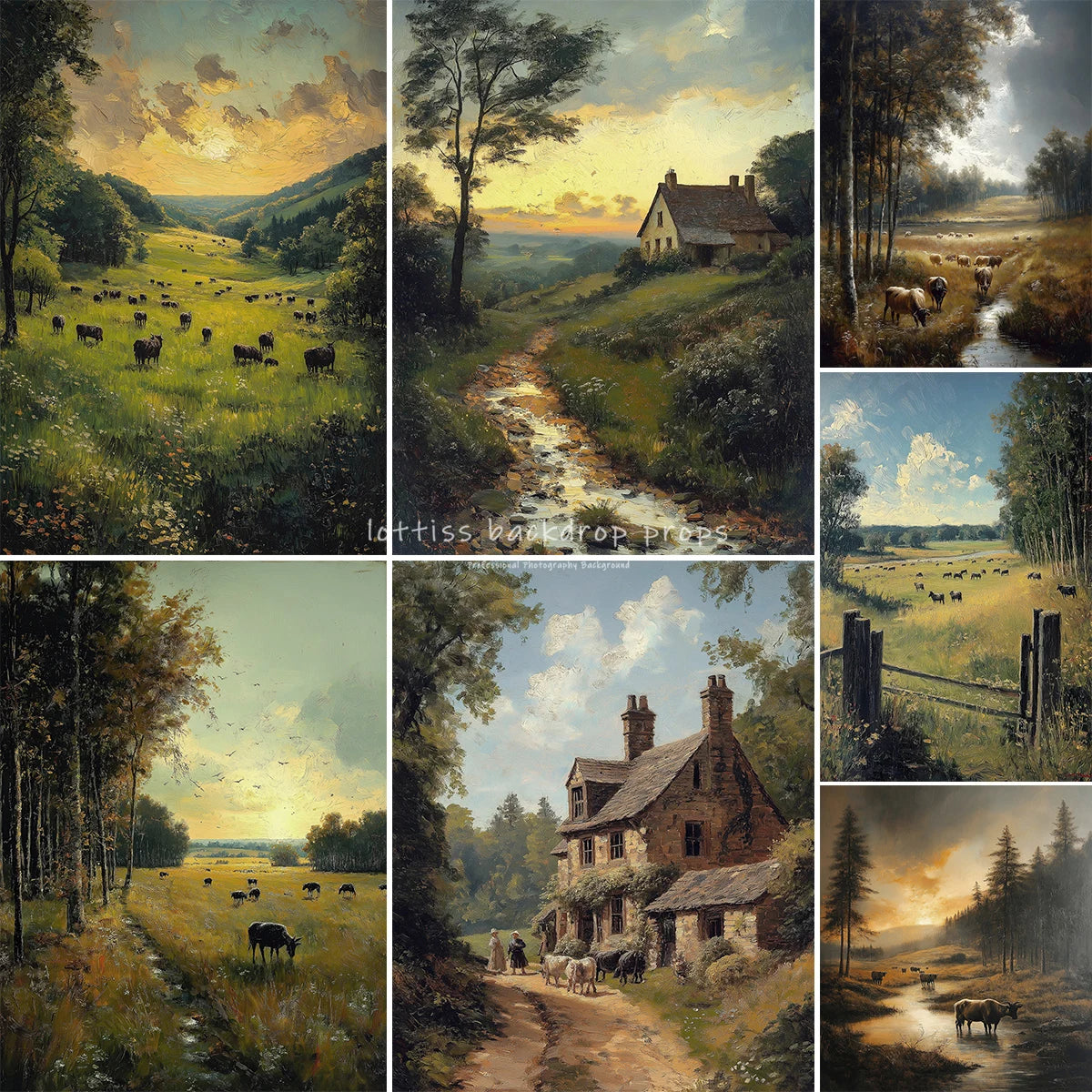 Village Cows Farm River Scenery Oil Painting Photography Backdrops Wedding Kids Adult Photocall Sunset Countryside Backgrounds