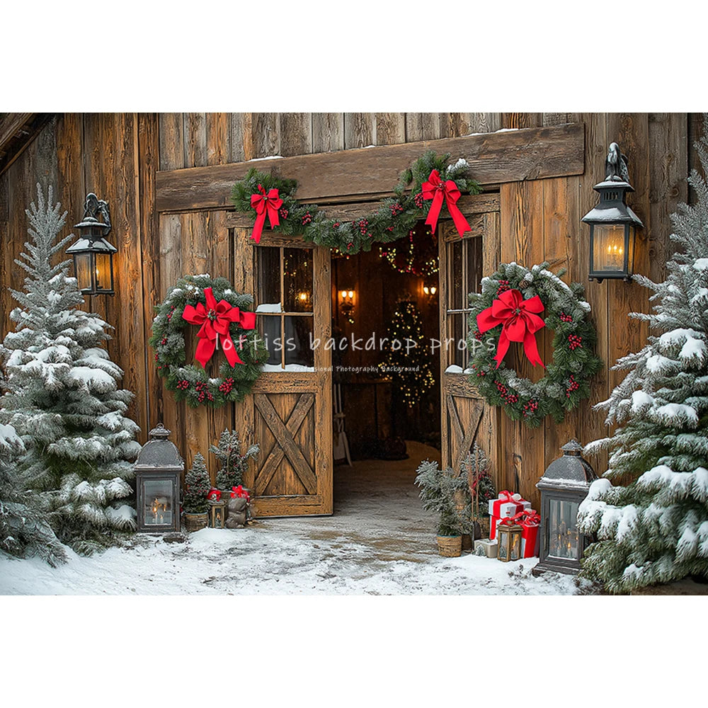 Winter Christmas Cottage Backdrops Kids Adult Photography Country House Entrance Red Door Gift Box Xmas Trees Backgrounds