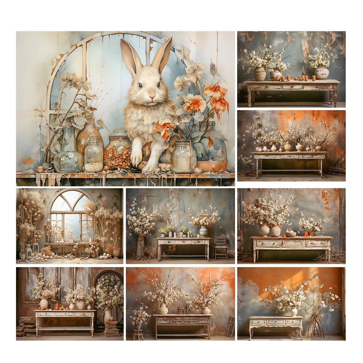 Easter Bunny Backdrops Kids Baby Photography Child Adult Photocall Reteo Wall Floral Vase Photocall Spring Flower Backgrounds