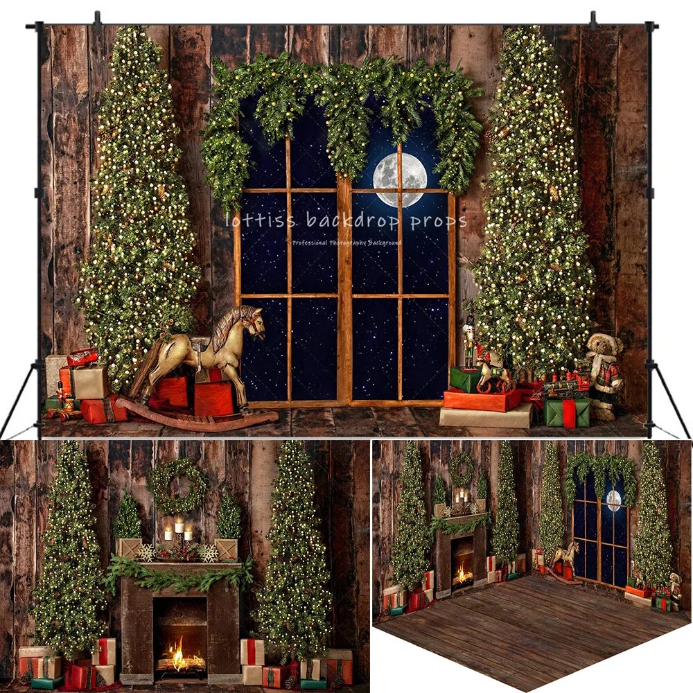 Classic Rustic Window Trees Xmas Backdrops Kids Family Photography Baby Adult Photocall Winter Christmas Fireplace Background