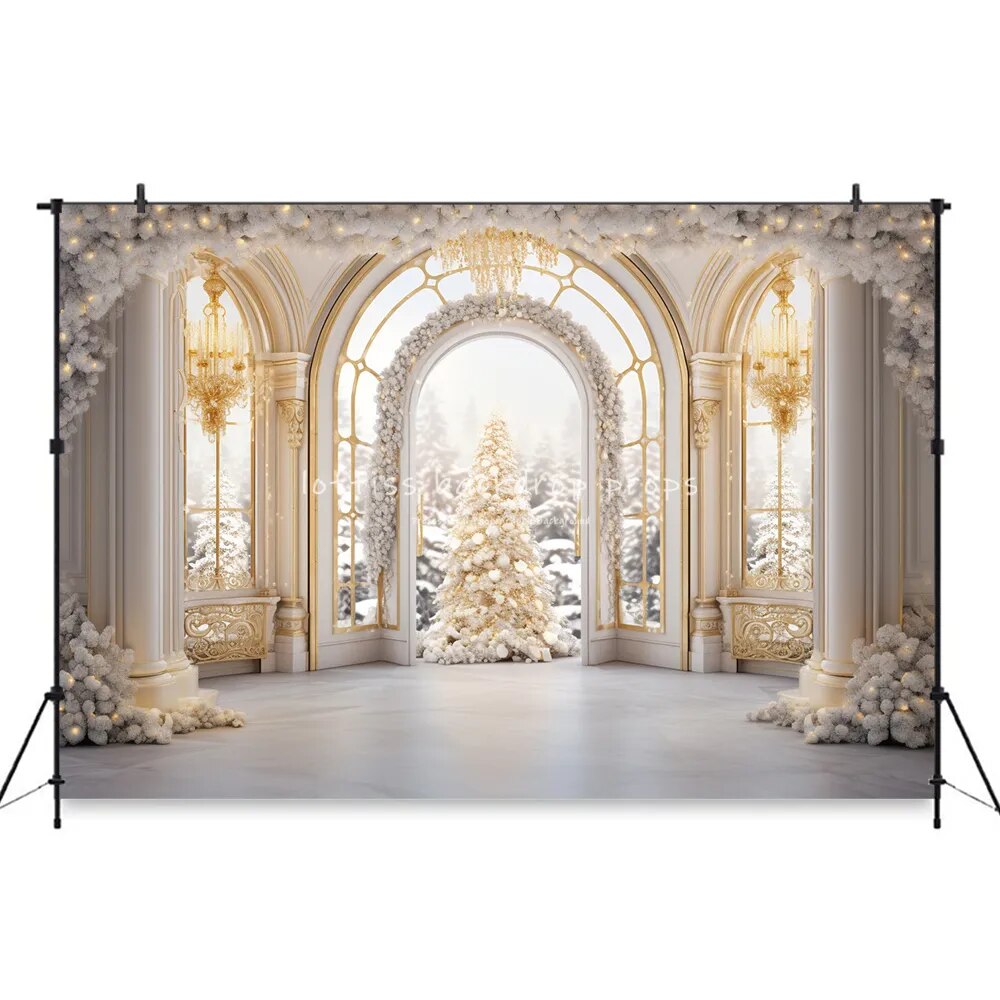 Arrière-plan de fenêtre de salon de noël, accessoires de photographie pour enfants et adultes, arbres Xams pour bébés, arrière-plan de château blanc 