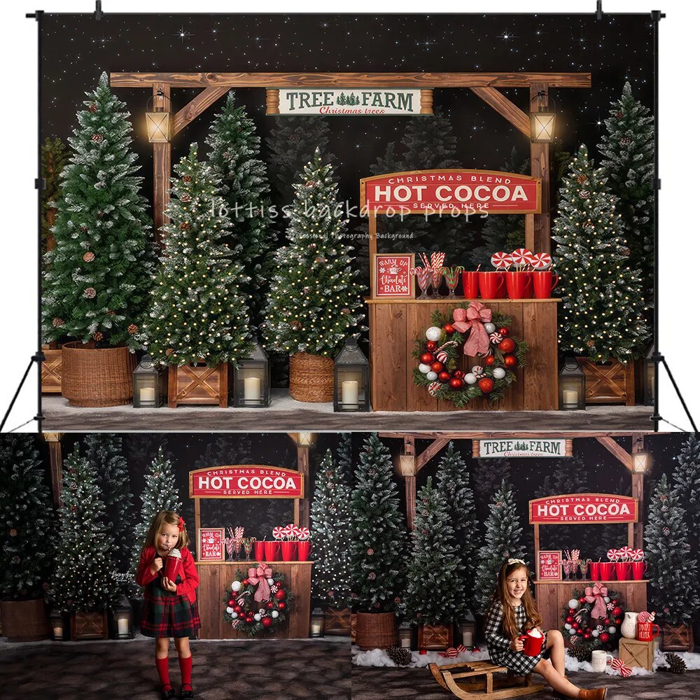 Christmas Hot Cocoa Tree Farm Backdrop Kids Baby Photography Props Child Adult Photocall Xmas Wreath Decors Store Background