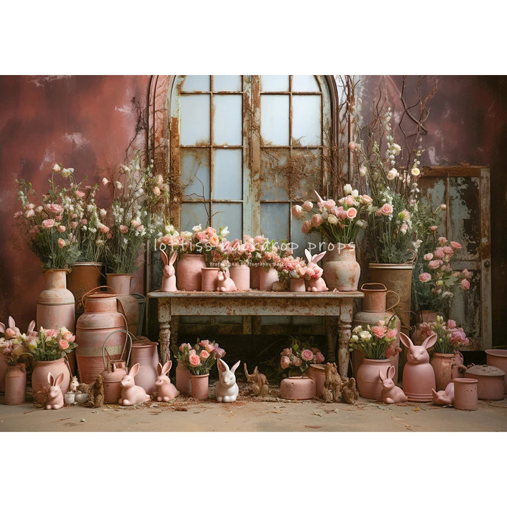 Bunny Easter Spring Room Filled With Flower Pots Backdrops Kids Girl Photography Baby Adult Photocall Floral Window Backgrounds