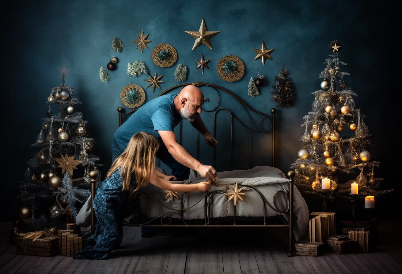 Xmas Star Bedroom Backdrops Kids Baby Photography Props Child Adult Photocall Decors Christmas Trees Bed Background