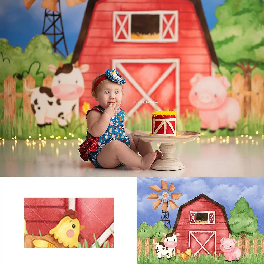 Farm Theme Birthday Backdrop Red Barn Kids Baby Cake Smash Photography Props Girls Adult Birthday Studio Backgrounds