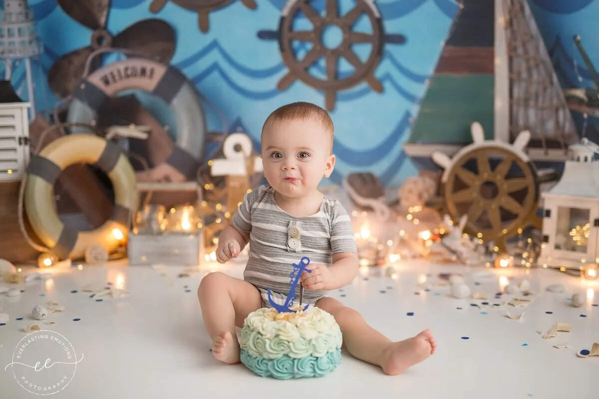 Arrière-plan de photographie de voilier, gâteau pour enfants, accessoires de fête d'anniversaire pour bébé, bateau Pirate, capitaine, arrière-plan pour studio photo 