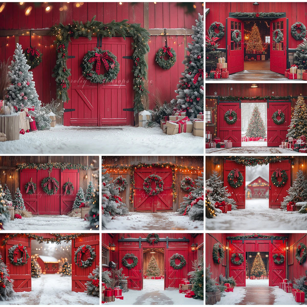 Red Barn Door Backdrop With Christmas Tree Photography Backdrop Baby Kids Portrait Family Party Photocall Studio Background