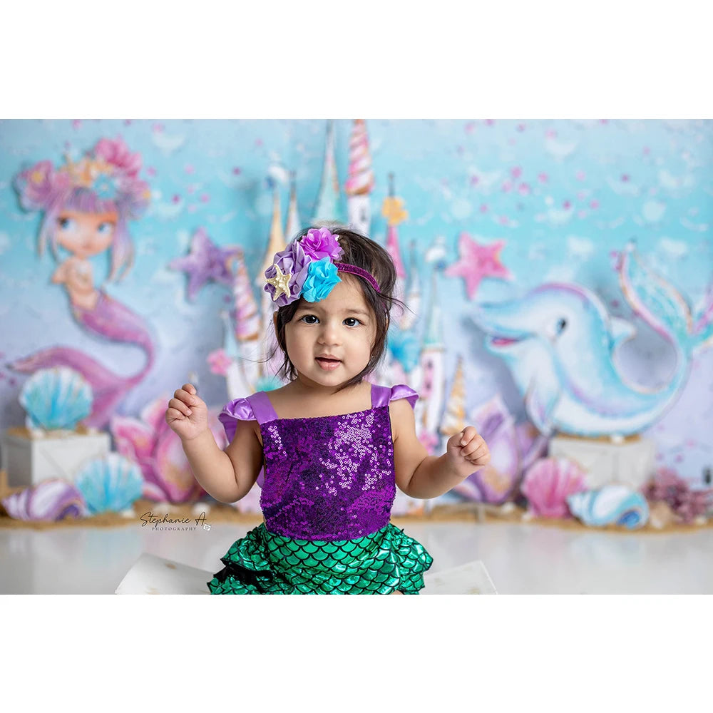 Mermaid Princess Of The Sea Photo Background Shining Castle Girl Birthday Cake Smash Photography Backdrop Photo Studio Props