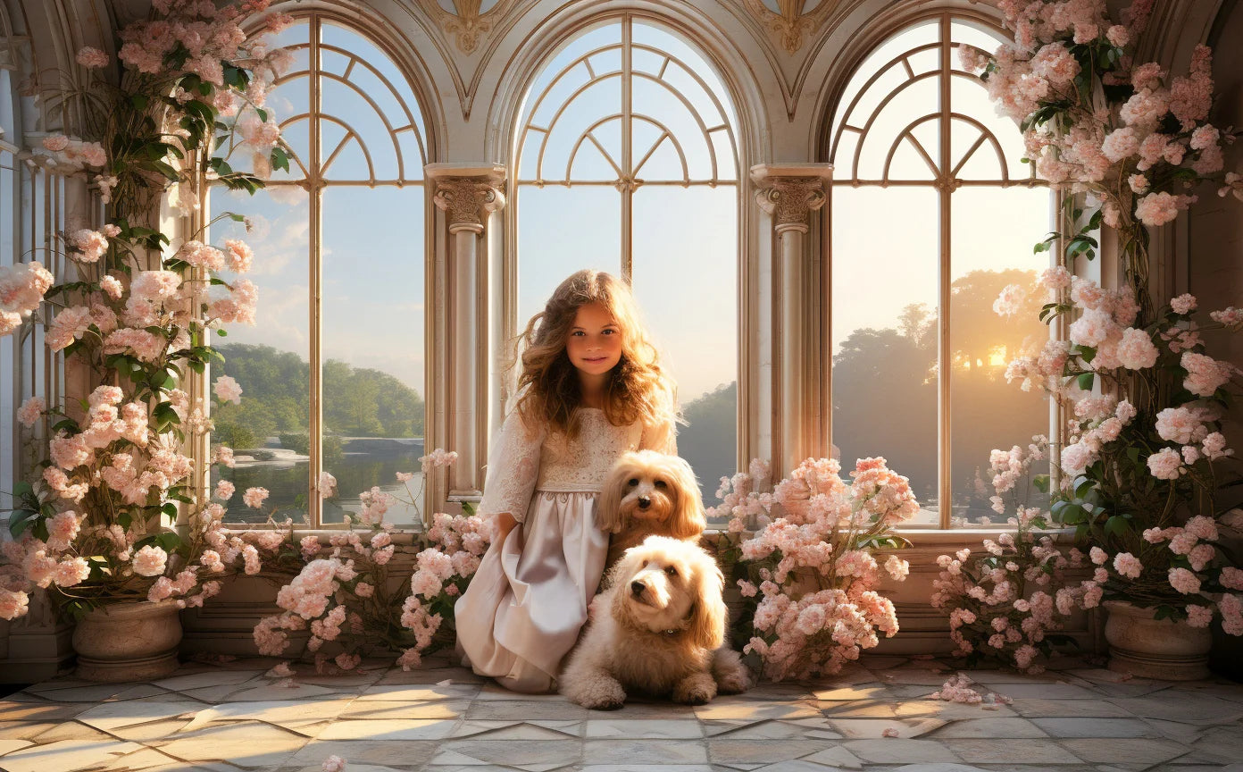 Castle Windows Backdrops Kids Gril Photography Props Child Adult Photocall Decors Spring Floral Garden Backgrounds