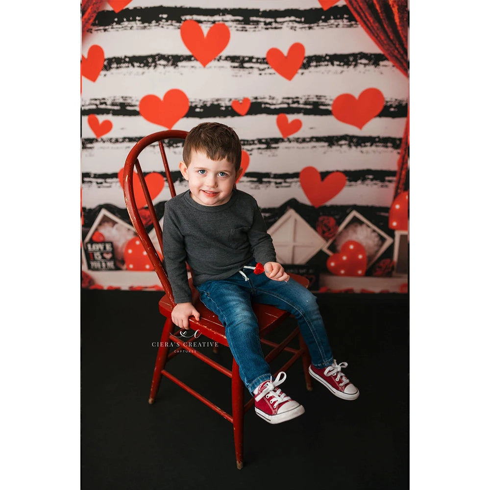 Red Curtain Photo Background Heart Rose Flower Stripes Decoration Photography Backdrop Cloth Kids Portrait Photo Studio Props