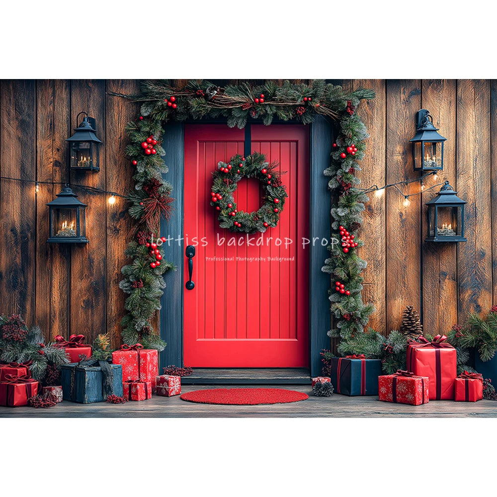 Winter Christmas Cottage Backdrops Kids Adult Photography Country House Entrance Red Door Gift Box Xmas Trees Backgrounds