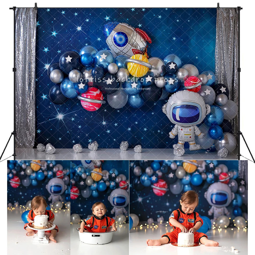 Cosmic Party Astronaut Backdrops Kids Baby Cake Smash Photography Child Adult Photocall Stars Balloons Backgrounds