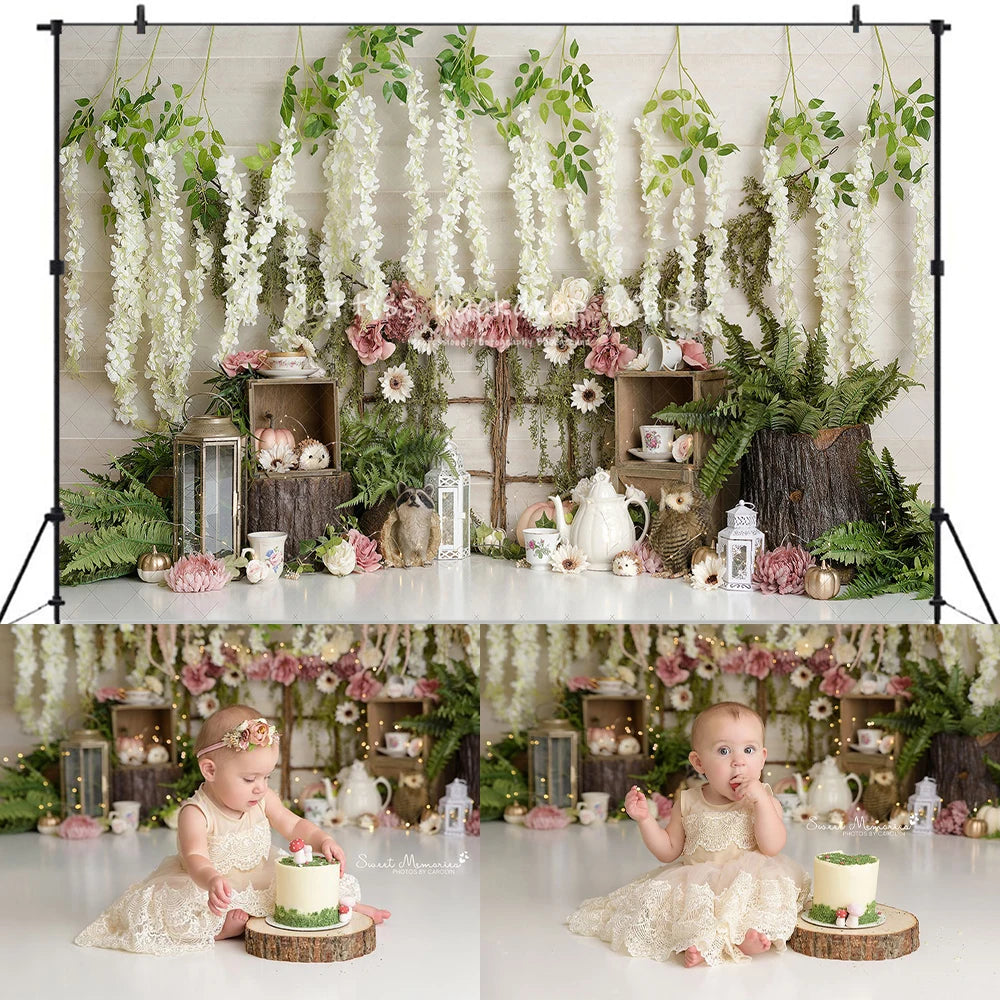 Spring Garden Backdrops Kids Baby Cake Smash Photocall Decors Floral Markets Plants Forest Animals Deer Backgrounds