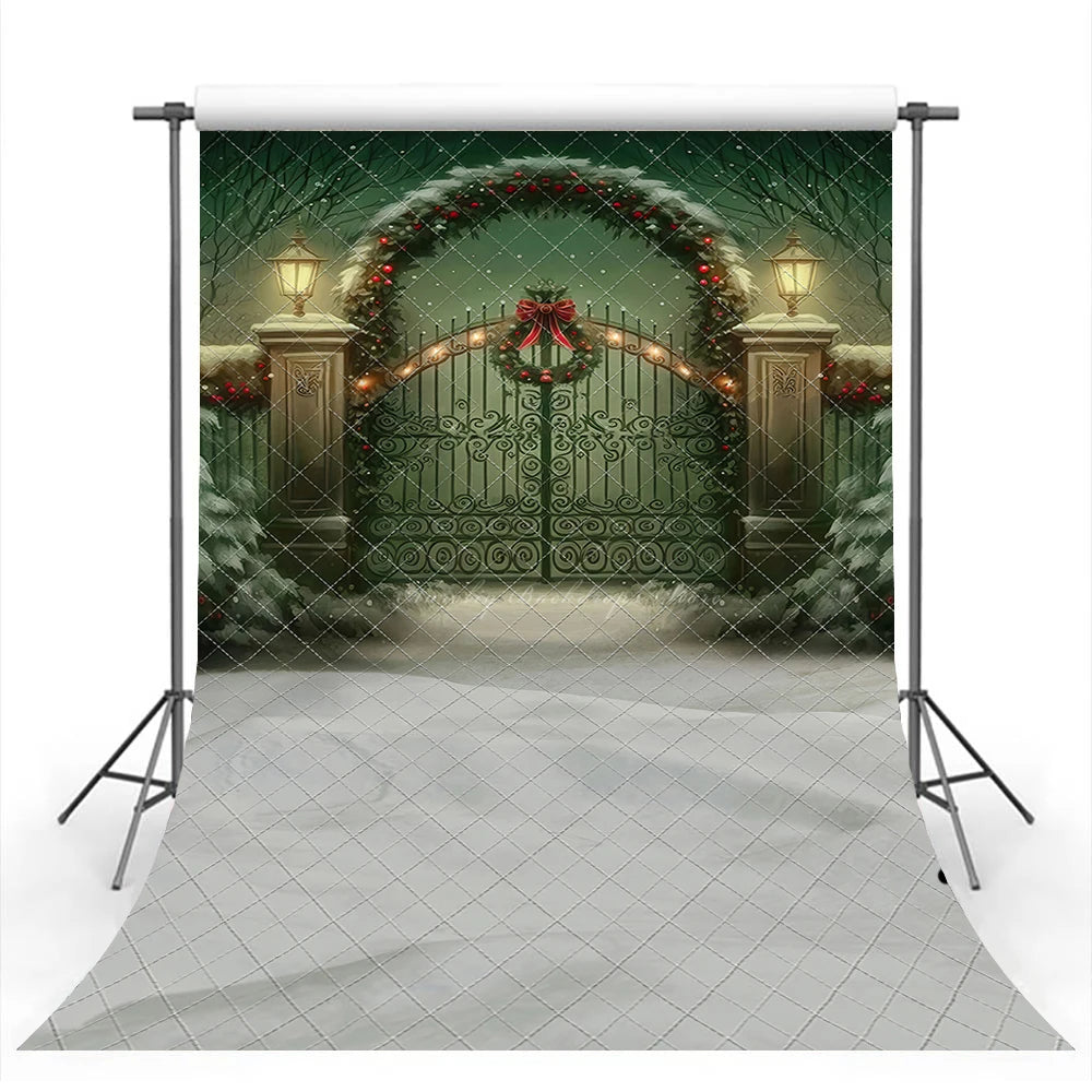 Christmas Emerald Holiday Gate Photo Backdrop Winter Snowy Kids Baby Cake Smash Photography Prop Child Adult Birthday Background