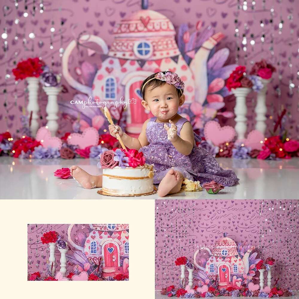 A Spot of Tea Party Backdrops Girl Kids Cake Smash Birthday Photography Child Adult Photocall Spring Pink Floral Background