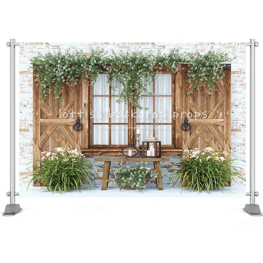 Printemps jardin grange porte photographie toile de fond lapin fleurs fenêtre en bois verdure décorations cheminée pâques arrière-plans accessoires 