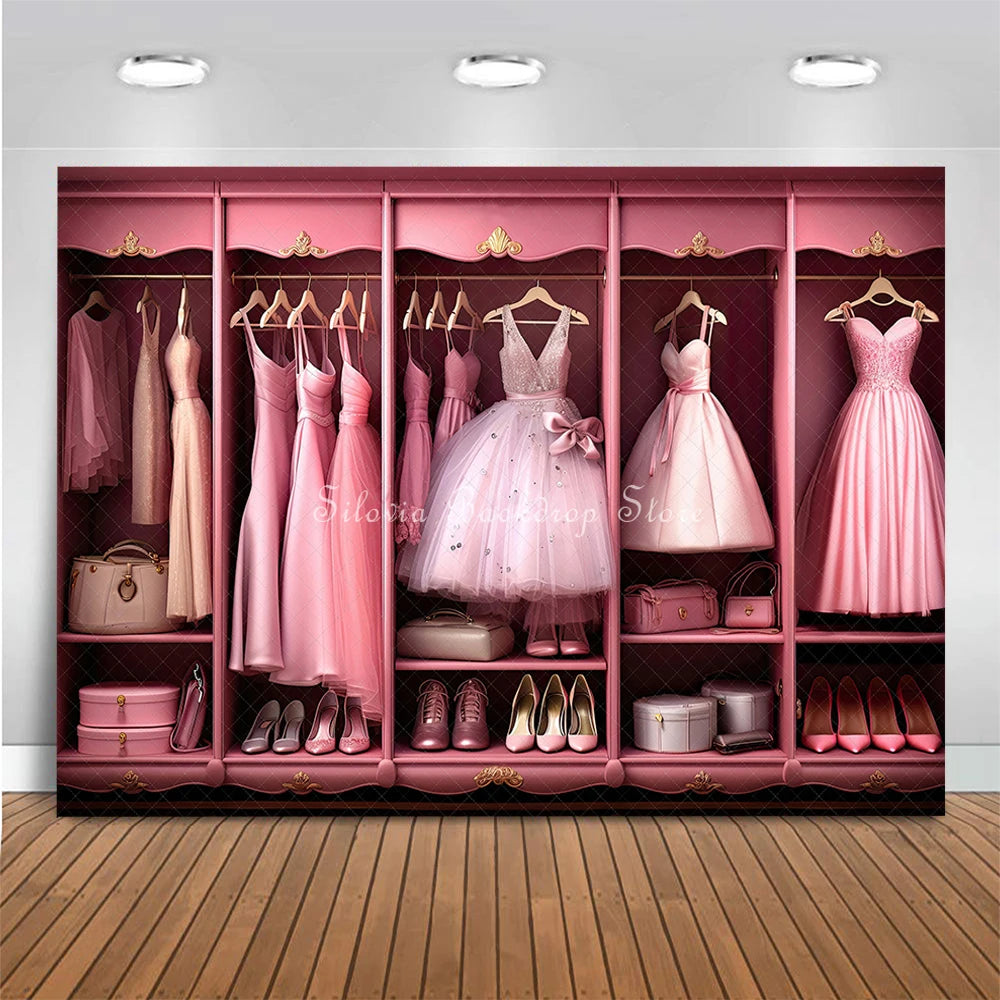 Couture Wardrobe Photo Background Princess Girl Birthday Cake Smash Photography Backdrop Pink Cloakroom Photo Studio Props