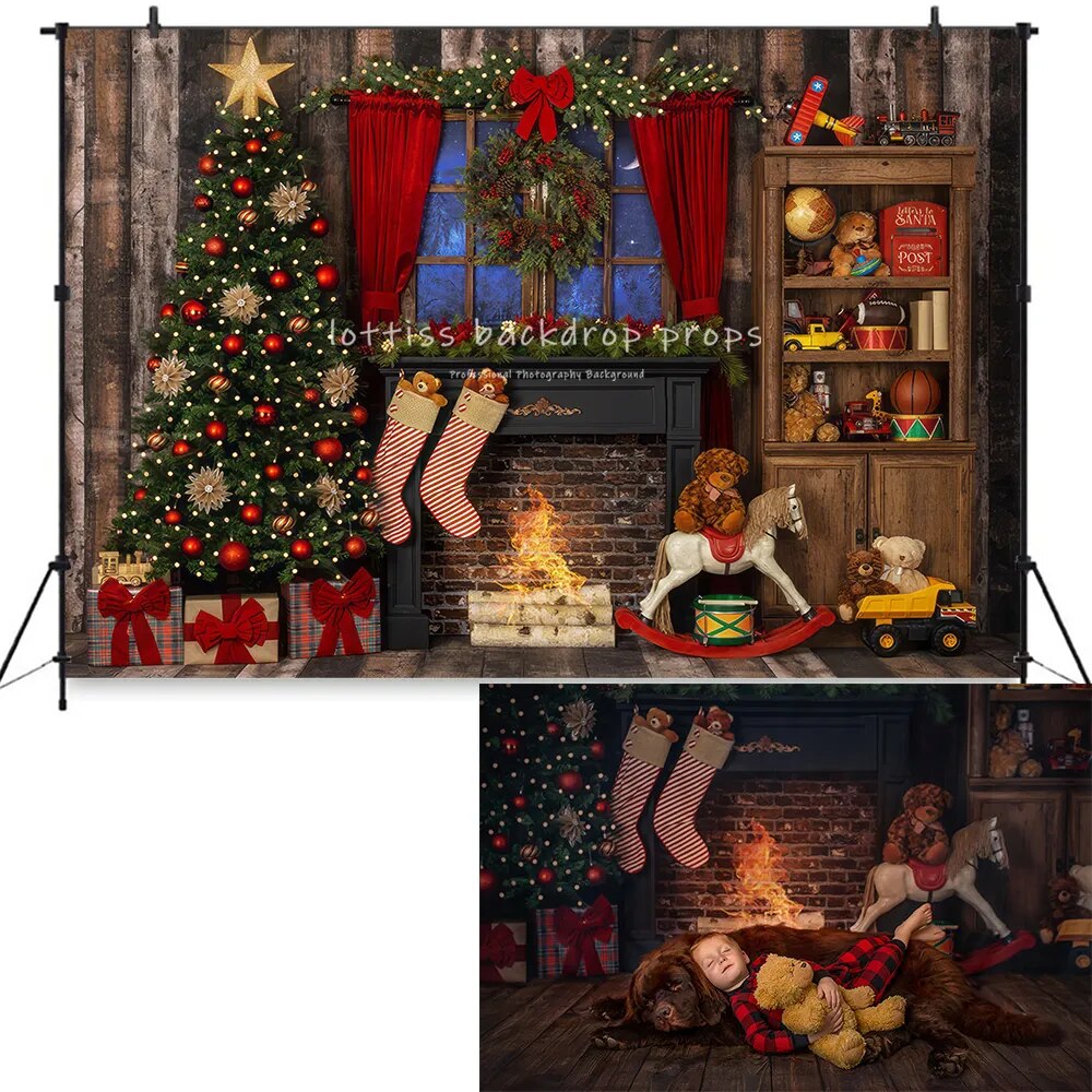 Arrière-plan de cheminée de noël, accessoires de photographie de famille pour enfants et adultes, arrière-plan d'arbres de Festival de noël, fenêtres 