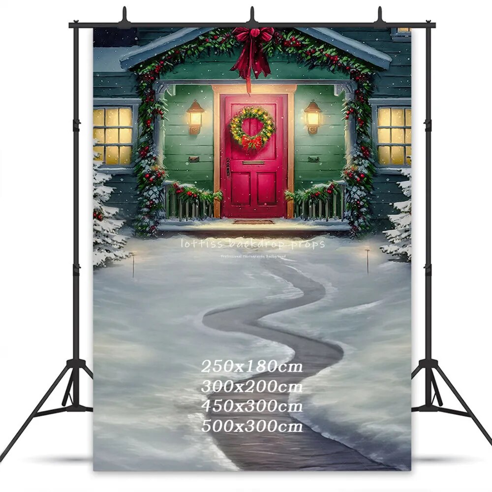 Magical Holiday Porch Backdrops Kids Baby Photography Props Child Adult Photocall Christmas Red House Door Front Background