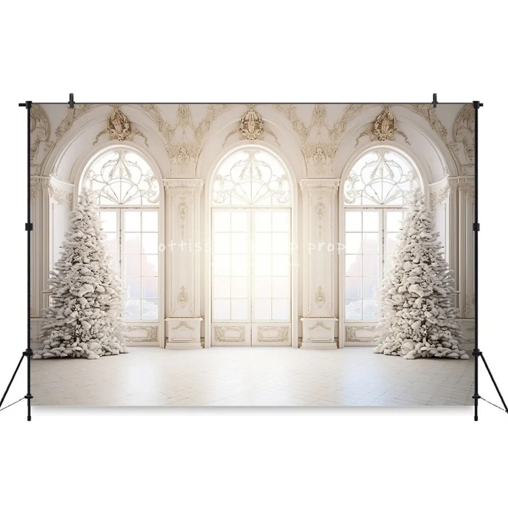 Christmas Living Room Window Backdrops Kids Adult Photorgraphy Props Child Baby Xams Trees White Castle Background