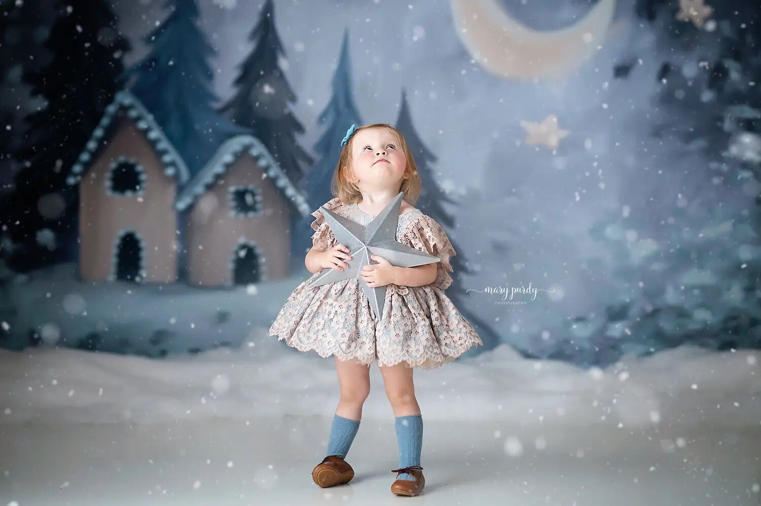 Arrière-plan de nuit enneigée d'hiver pour photographie d'enfants et d'adultes, accessoires de séance photo en famille, décor de maison en flocon de neige pour studio photo 