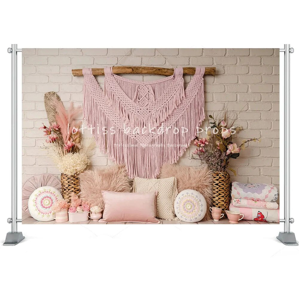 Bohemia Photography Backgrounds For Newborn Kids 1st Birthday Portrait Flowers Tents Dreamcatcher Pampas Cake Smash Backdrop