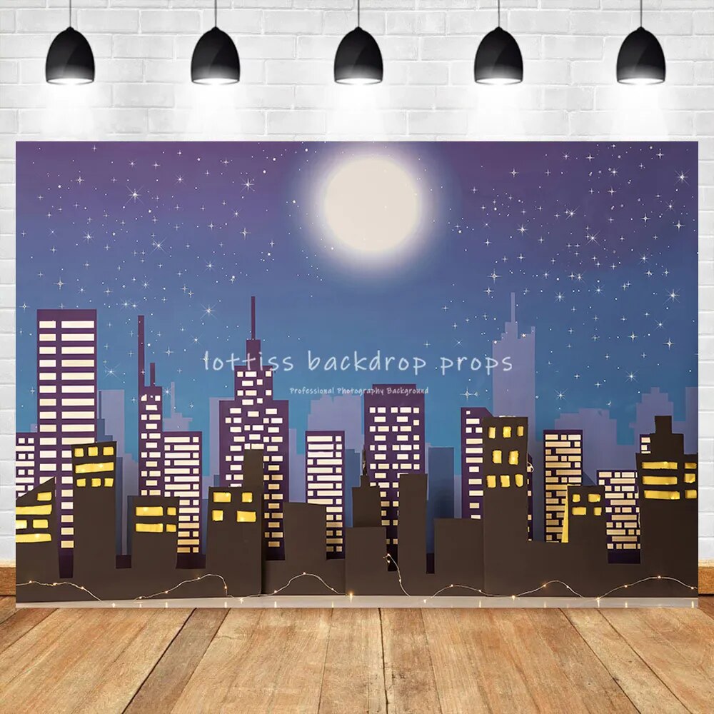 Cityscape Superhero Backdrops Boy Child Cake Smash Decors Baby Birthday Party Props Skyscraper City Background Photostudio