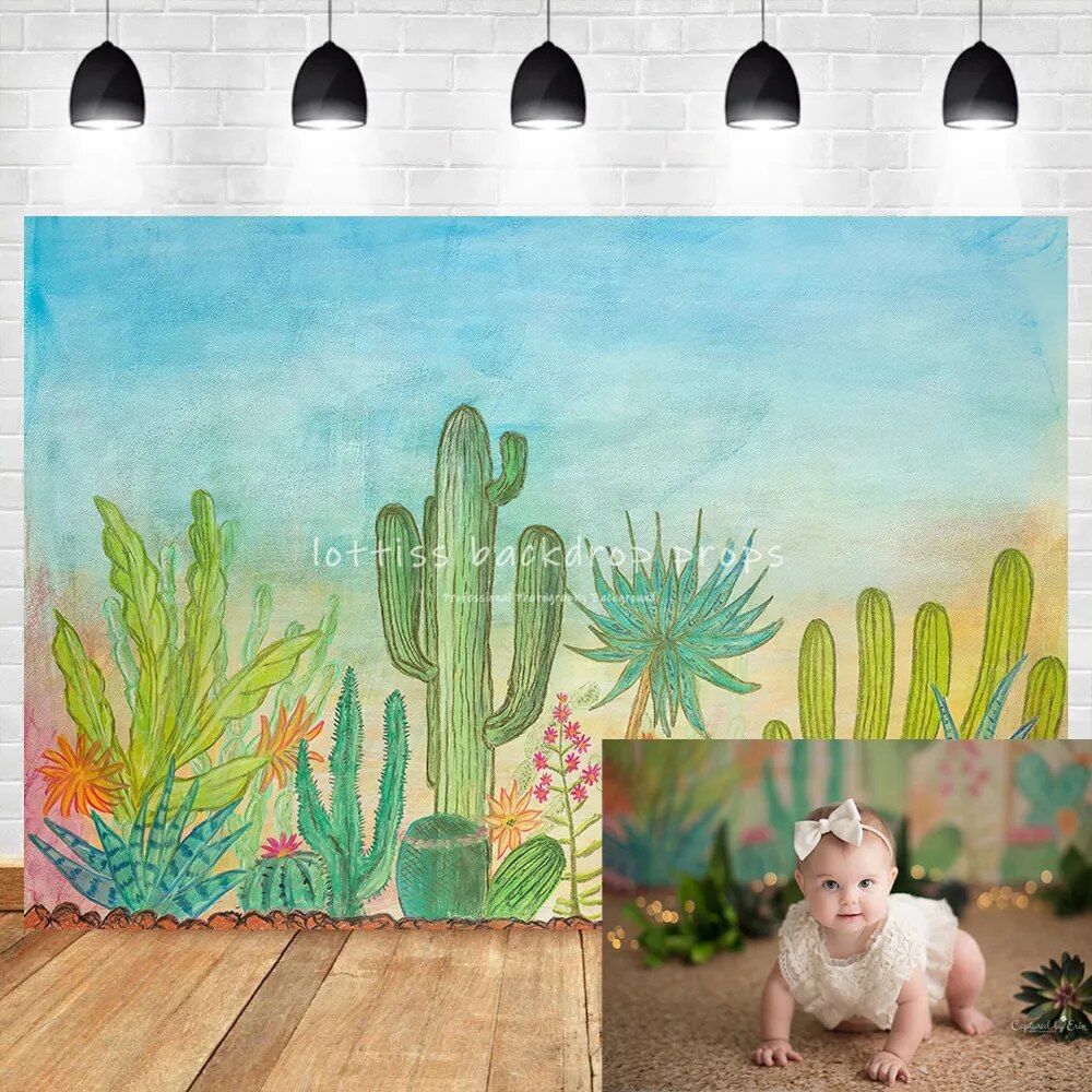 Blooming Cactus Backdrops Kids Cake Smash Props Summer Desert Mexio Children Baby Birthday Party Decor Background Photostudio