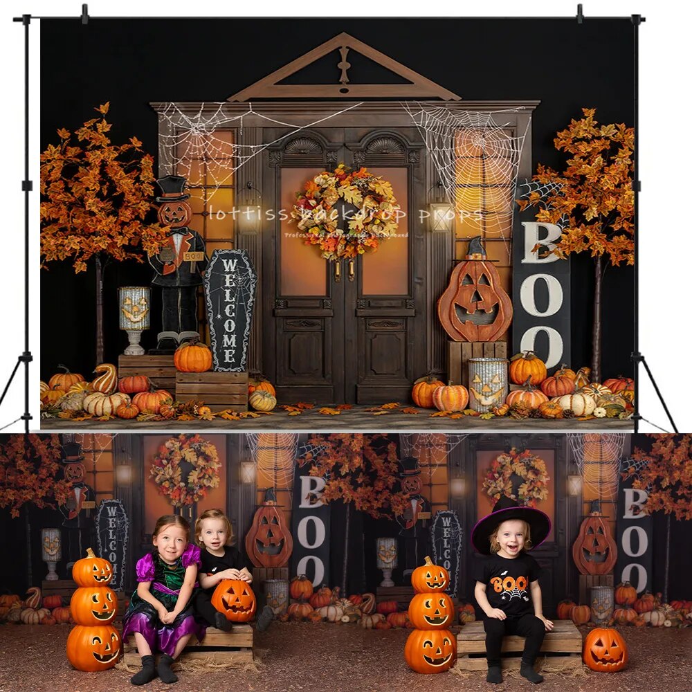 Halloween Door Front Backdrops Kids Adult Photography Child Baby Birthday Pumpkin Lantern Fall Trees Festival Background