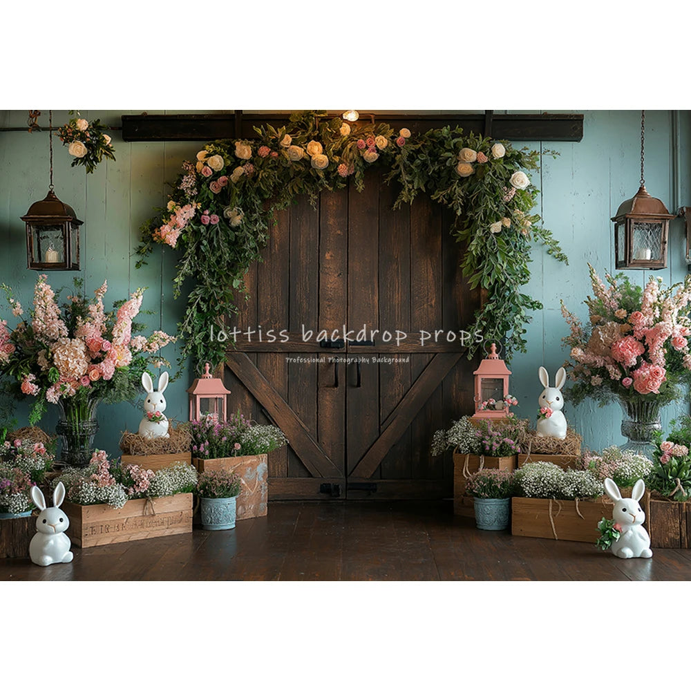 Easter Garden Bunnies Backdrops Kids Baby Birthday Cake Smash Photography Child Adult Photocall Wooden Cottage Floral Background