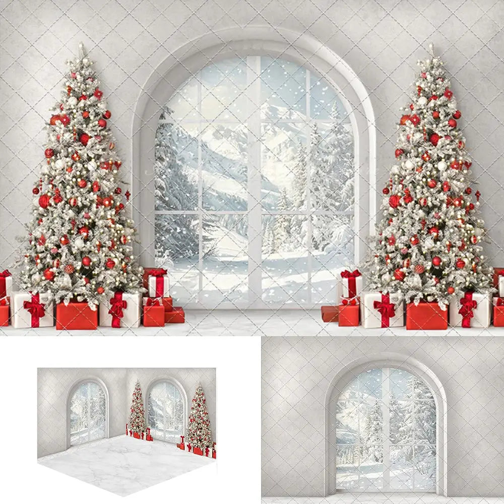 Elegant Christmas Morning View Backddrop Winter Arch Window Kid Baby Cake Smash Photography Props Child Family Studio Background